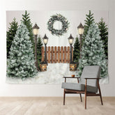 Aperturee - Wood Fence Snowy Tree Wreath Light Winter Backdrop